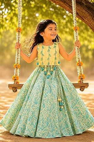Lemon Organic Cotton Thread Work & Screen Printed Lehenga Set For Girls by Mi Dulce An'ya
