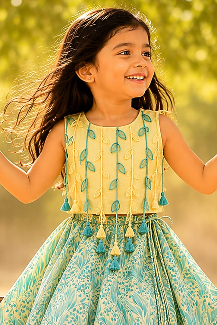 Lemon Organic Cotton Thread Work & Screen Printed Lehenga Set For Girls by Mi Dulce An'ya at Pernia's Pop Up Shop