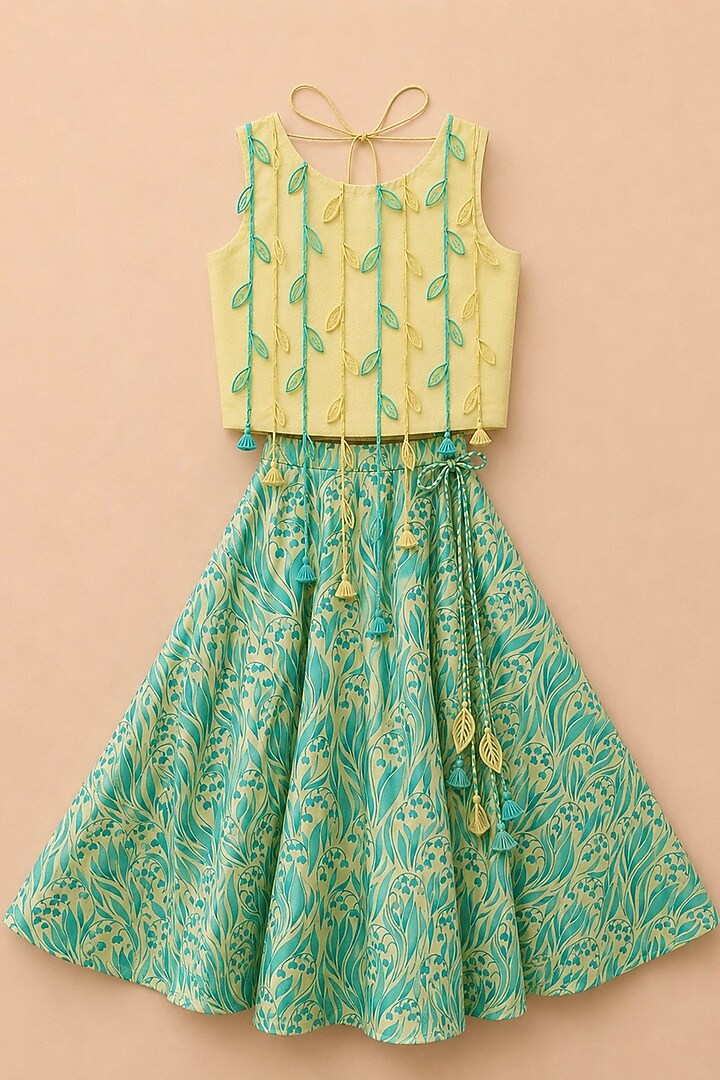 Lemon Organic Cotton Thread Work & Screen Printed Lehenga Set For Girls by Mi Dulce An'ya at Pernia's Pop Up Shop