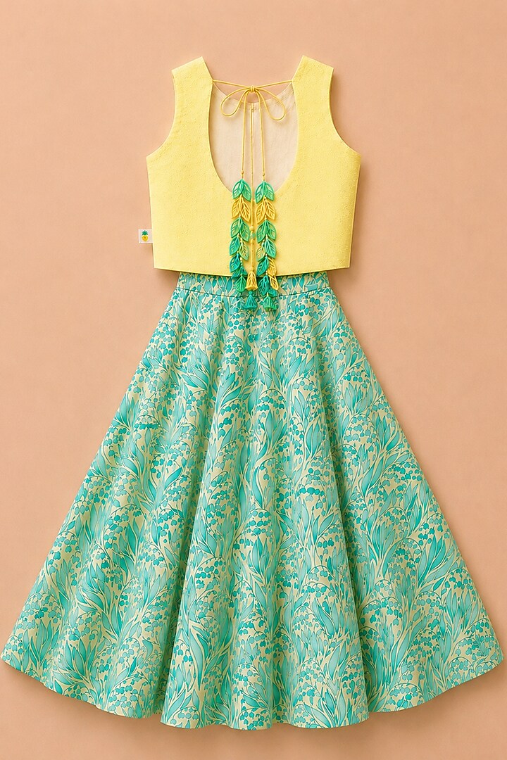 Lemon Organic Cotton Thread Work & Screen Printed Lehenga Set For Girls by Mi Dulce An'ya at Pernia's Pop Up Shop