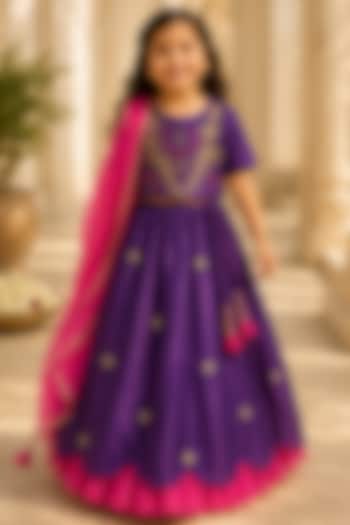 Purple Organic Cotton Zardosi Embroidered Lehenga Set For Girls by Mi Dulce An'ya at Pernia's Pop Up Shop