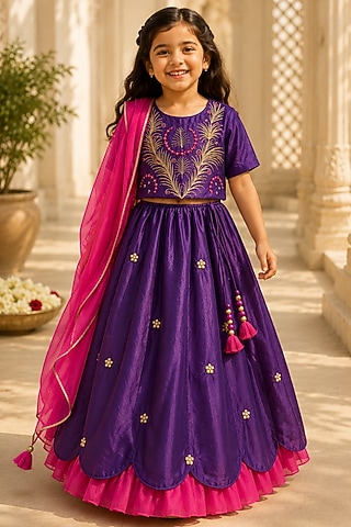 Purple Organic Cotton Zardosi Embroidered Lehenga Set For Girls by Mi Dulce An'ya