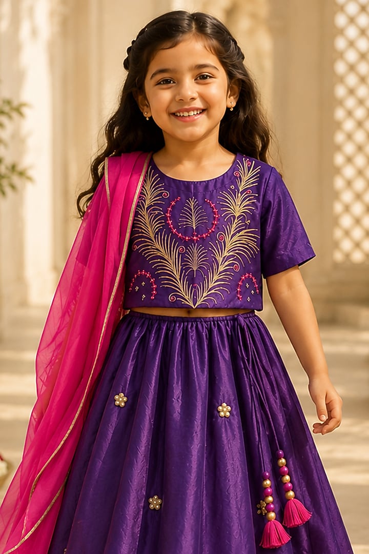 Purple Organic Cotton Zardosi Embroidered Lehenga Set For Girls by Mi Dulce An'ya at Pernia's Pop Up Shop