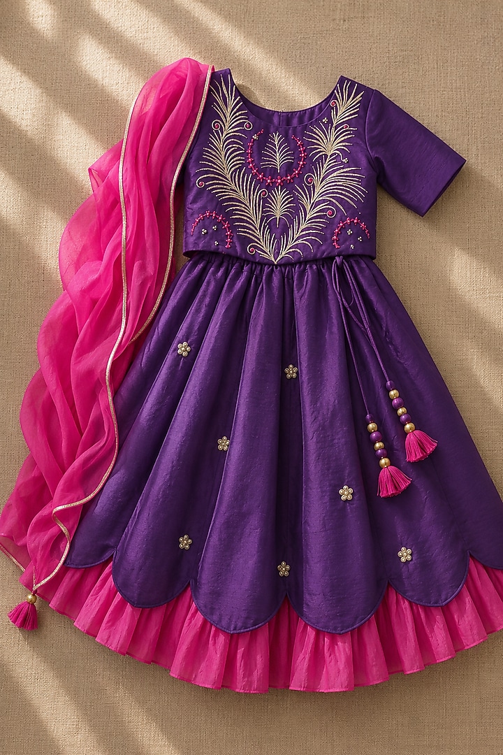 Purple Organic Cotton Zardosi Embroidered Lehenga Set For Girls by Mi Dulce An'ya at Pernia's Pop Up Shop