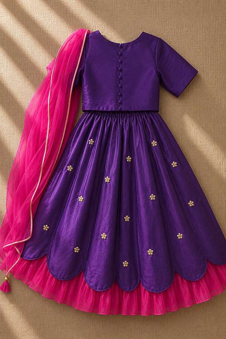 Purple Organic Cotton Zardosi Embroidered Lehenga Set For Girls by Mi Dulce An'ya at Pernia's Pop Up Shop