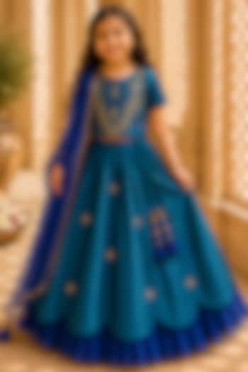 Teal Organic Cotton Zardosi Embroidered Lehenga Set For Girls by Mi Dulce An'ya at Pernia's Pop Up Shop