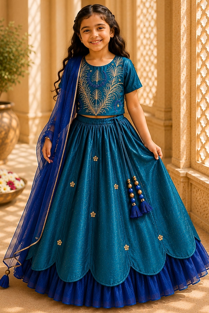 Teal Organic Cotton Zardosi Embroidered Lehenga Set For Girls by Mi Dulce An'ya at Pernia's Pop Up Shop