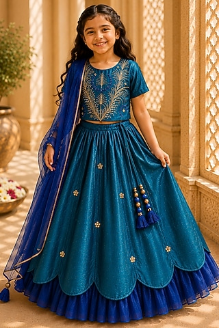 Teal Organic Cotton Zardosi Embroidered Lehenga Set For Girls by Mi Dulce An'ya