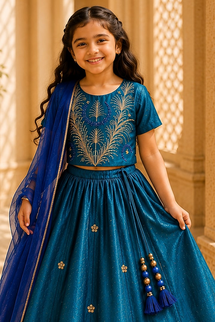 Teal Organic Cotton Zardosi Embroidered Lehenga Set For Girls by Mi Dulce An'ya at Pernia's Pop Up Shop