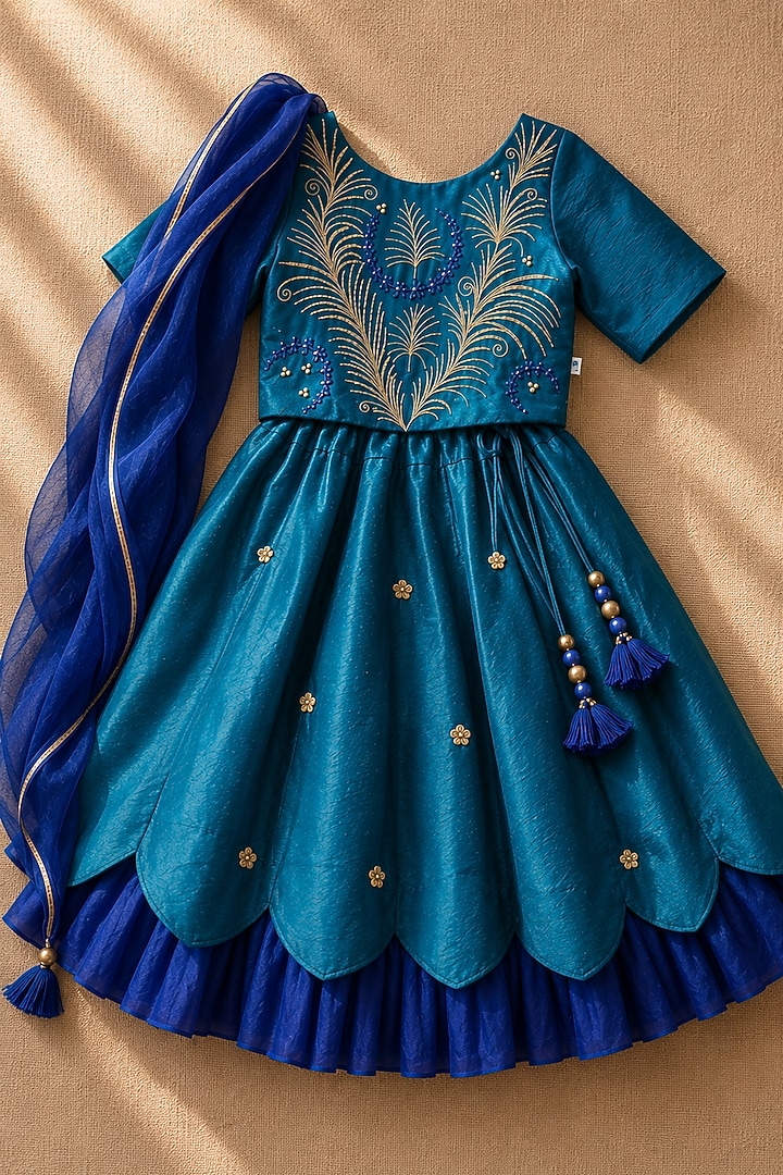 Teal Organic Cotton Zardosi Embroidered Lehenga Set For Girls by Mi Dulce An'ya at Pernia's Pop Up Shop