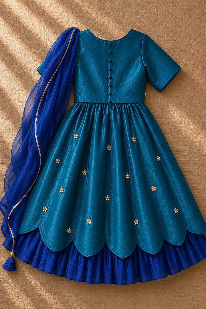 Teal Organic Cotton Zardosi Embroidered Lehenga Set For Girls by Mi Dulce An'ya at Pernia's Pop Up Shop