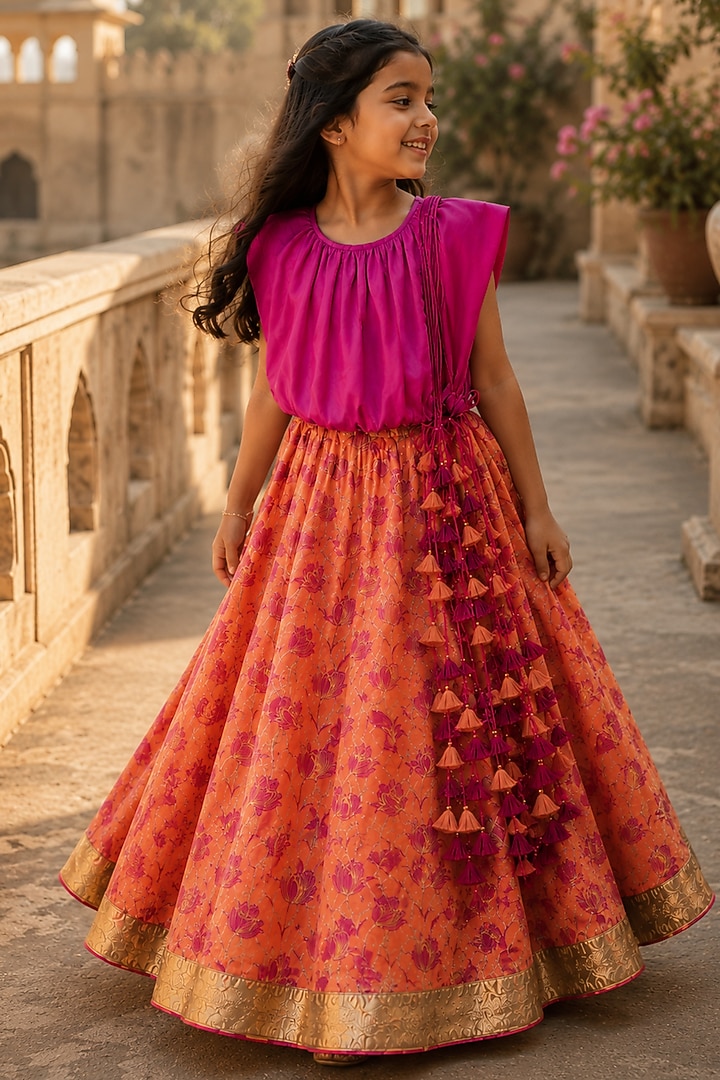 Fuchsia Organic Cotton Screen Printed Lehenga Set For Girls by Mi Dulce An'ya at Pernia's Pop Up Shop
