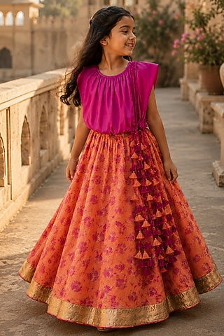 Fuchsia Organic Cotton Screen Printed Lehenga Set For Girls by Mi Dulce An'ya