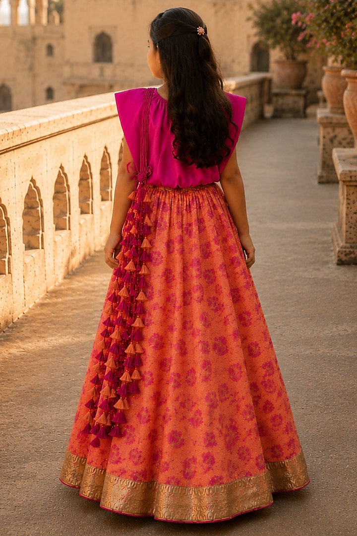 Fuchsia Organic Cotton Screen Printed Lehenga Set For Girls by Mi Dulce An'ya at Pernia's Pop Up Shop