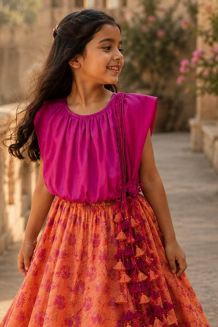 Fuchsia Organic Cotton Screen Printed Lehenga Set For Girls by Mi Dulce An'ya at Pernia's Pop Up Shop