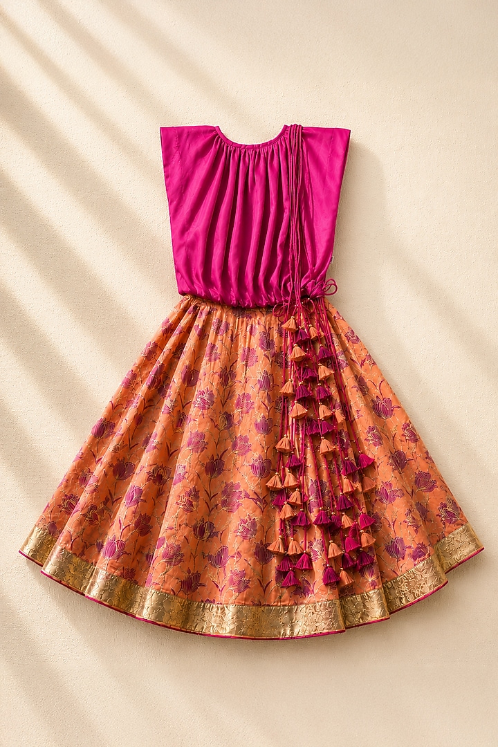 Fuchsia Organic Cotton Screen Printed Lehenga Set For Girls by Mi Dulce An'ya at Pernia's Pop Up Shop