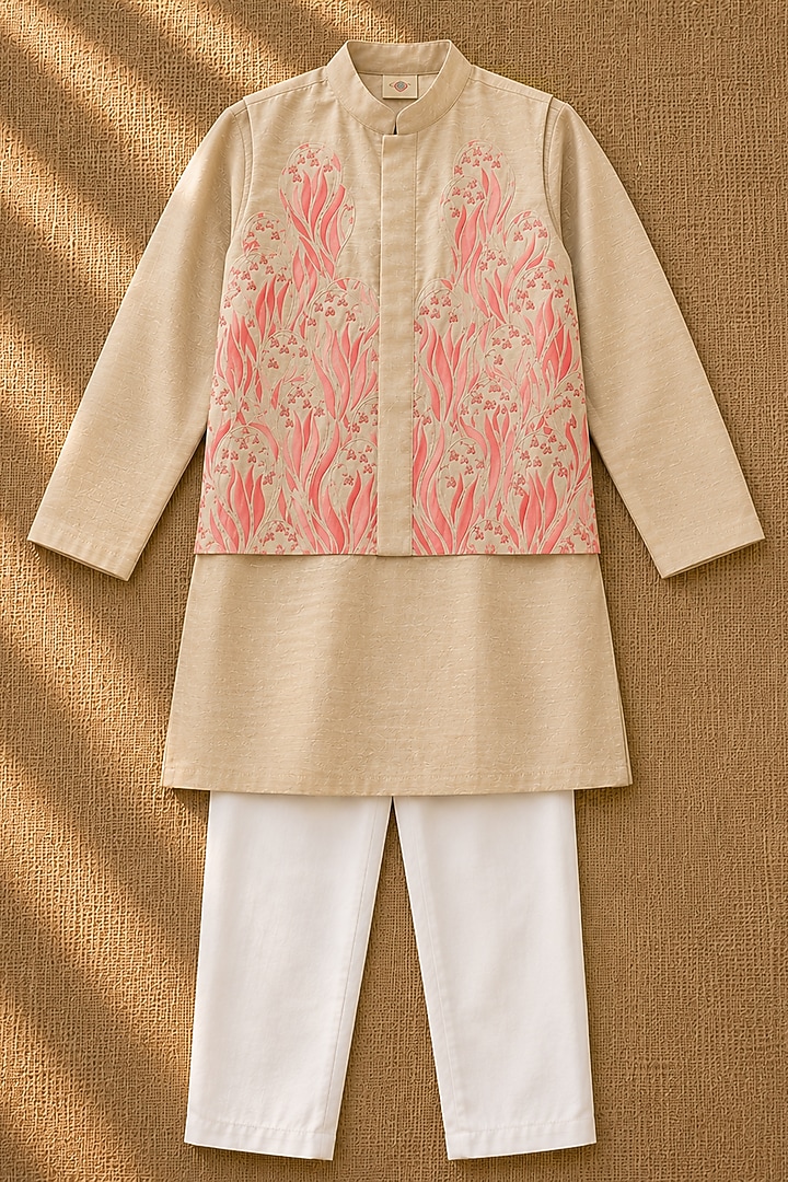 Pink Organic Cotton Printed & Hand Embroidered Bundi Set For Boys by Mi Dulce An'ya at Pernia's Pop Up Shop