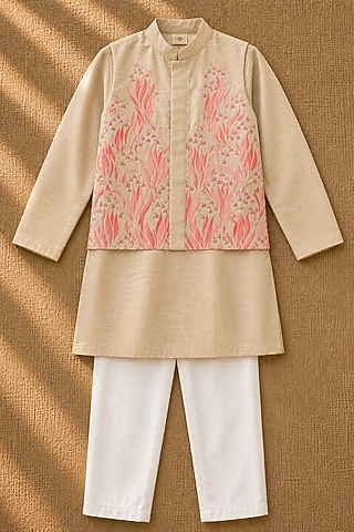 Pink Organic Cotton Printed & Hand Embroidered Bundi Set For Boys by Mi Dulce An'ya
