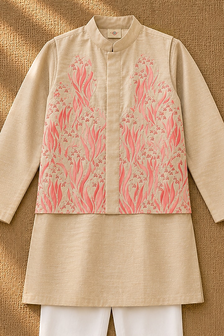 Pink Organic Cotton Printed & Hand Embroidered Bundi Set For Boys by Mi Dulce An'ya at Pernia's Pop Up Shop