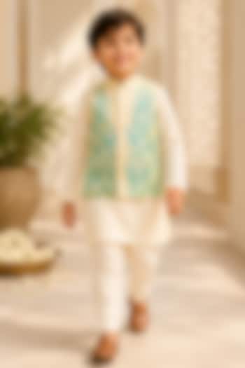 Lemon Yellow Organic Cotton Printed & Hand Embroidered Bundi Set For Boys by Mi Dulce An'ya at Pernia's Pop Up Shop