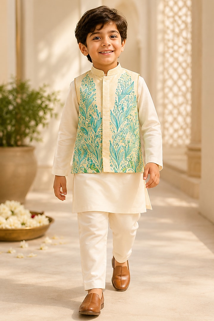 Lemon Yellow Organic Cotton Printed & Hand Embroidered Bundi Set For Boys by Mi Dulce An'ya at Pernia's Pop Up Shop
