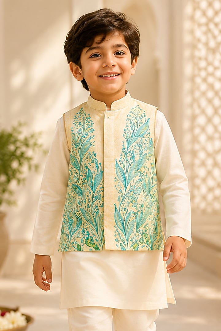 Lemon Yellow Organic Cotton Printed & Hand Embroidered Bundi Set For Boys by Mi Dulce An'ya at Pernia's Pop Up Shop