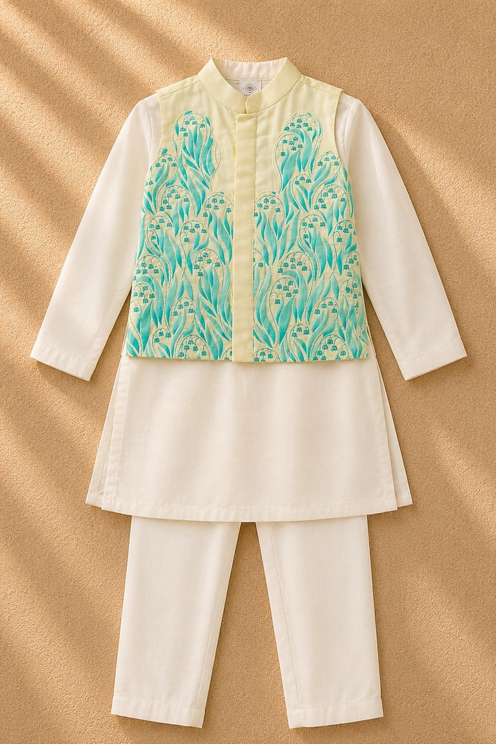 Lemon Yellow Organic Cotton Printed & Hand Embroidered Bundi Set For Boys by Mi Dulce An'ya at Pernia's Pop Up Shop