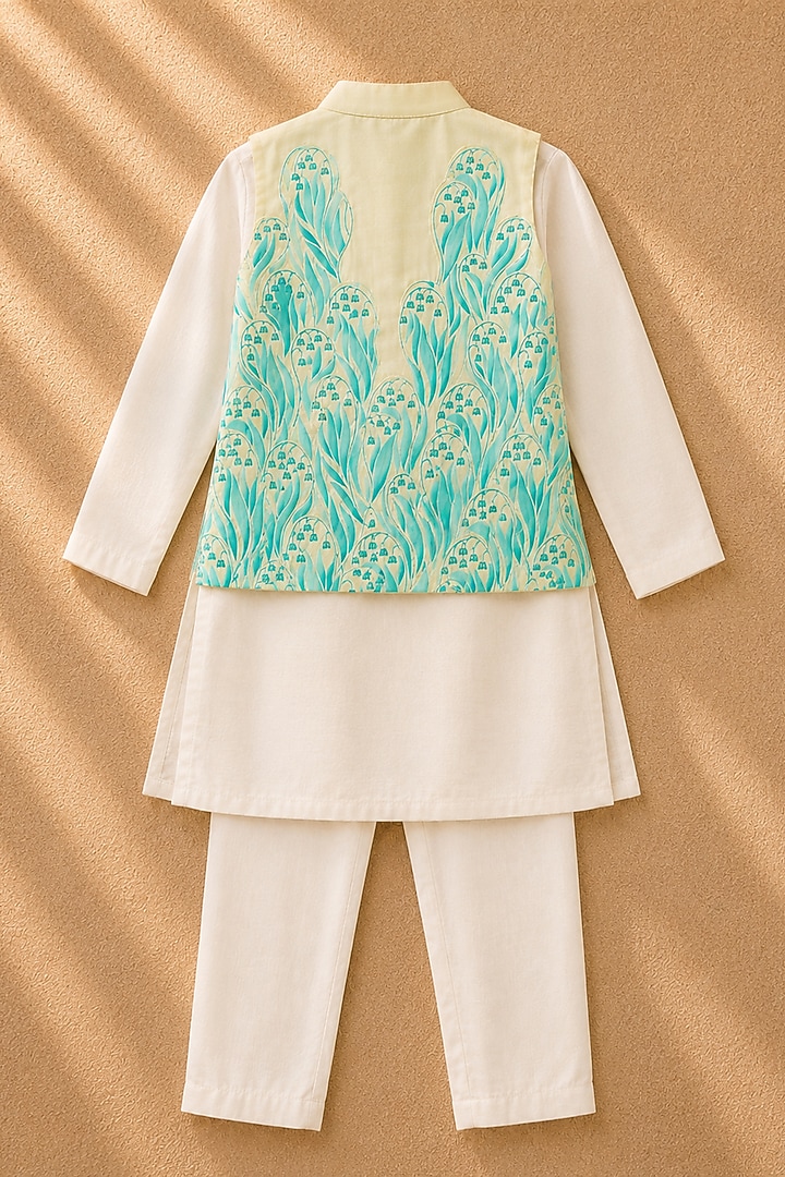 Lemon Yellow Organic Cotton Printed & Hand Embroidered Bundi Set For Boys by Mi Dulce An'ya at Pernia's Pop Up Shop