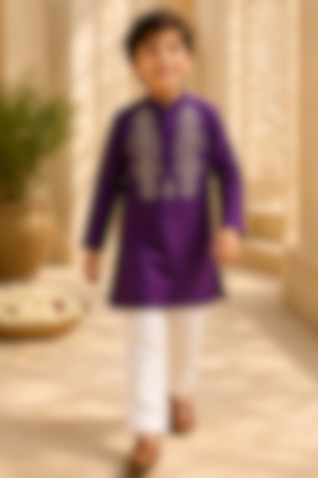 Purple Organic Cotton Zardosi Embroidered Kurta Set For Boys by Mi Dulce An'ya at Pernia's Pop Up Shop