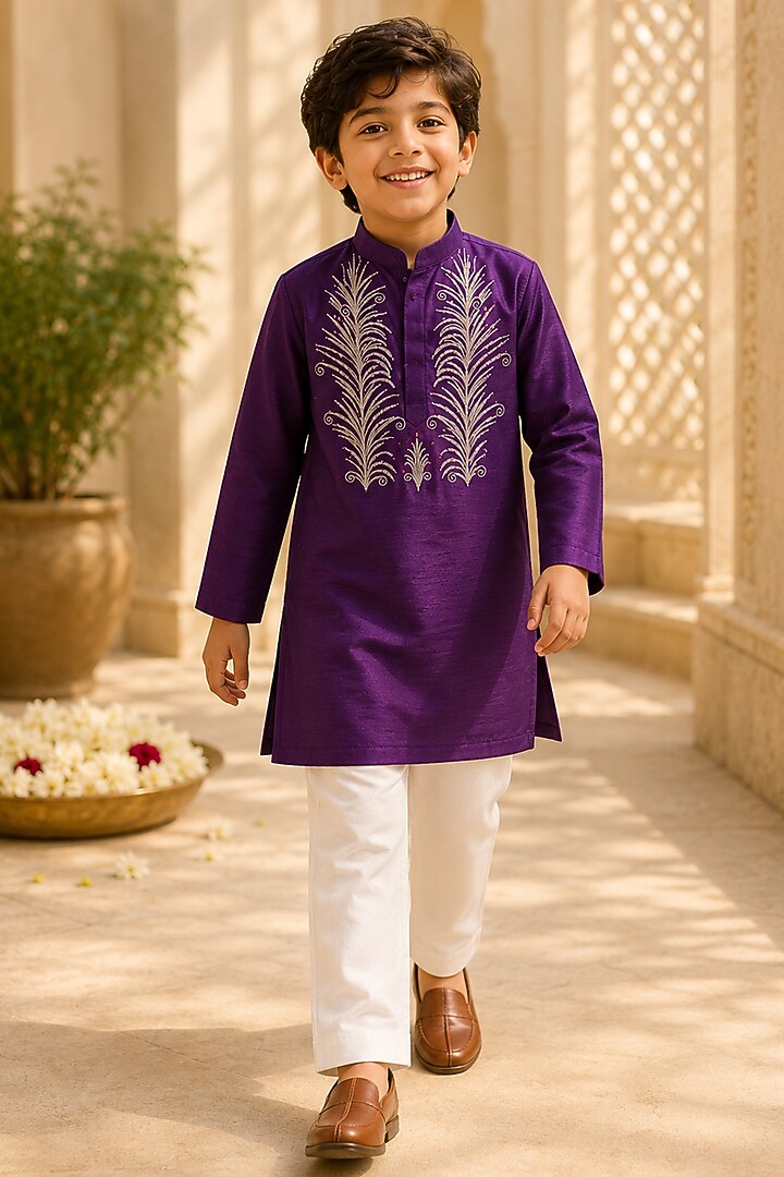 Purple Organic Cotton Zardosi Embroidered Kurta Set For Boys by Mi Dulce An'ya at Pernia's Pop Up Shop