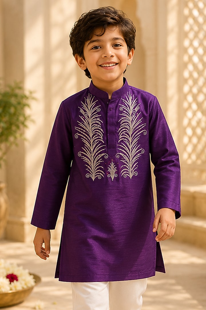 Purple Organic Cotton Zardosi Embroidered Kurta Set For Boys by Mi Dulce An'ya at Pernia's Pop Up Shop