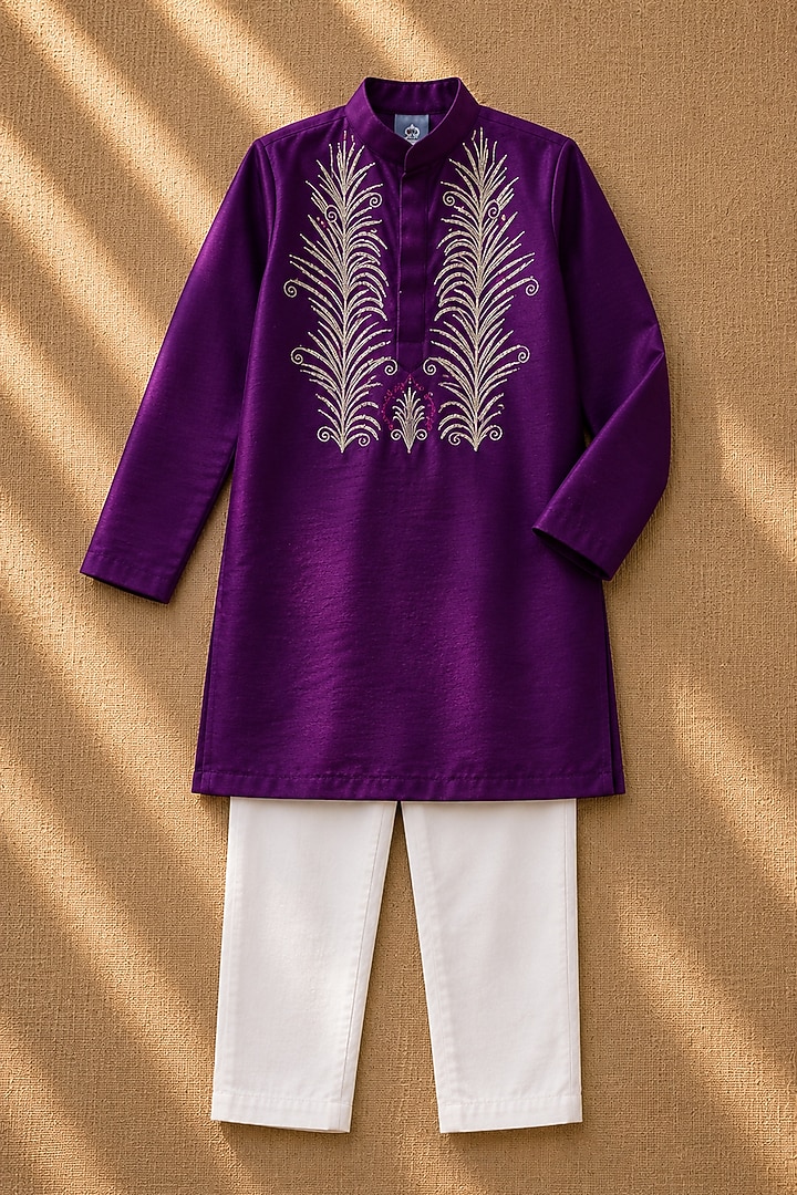 Purple Organic Cotton Zardosi Embroidered Kurta Set For Boys by Mi Dulce An'ya at Pernia's Pop Up Shop