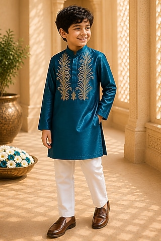 Teal Green Organic Cotton Zardosi Embroidered Kurta Set For Boys by Mi Dulce An'ya