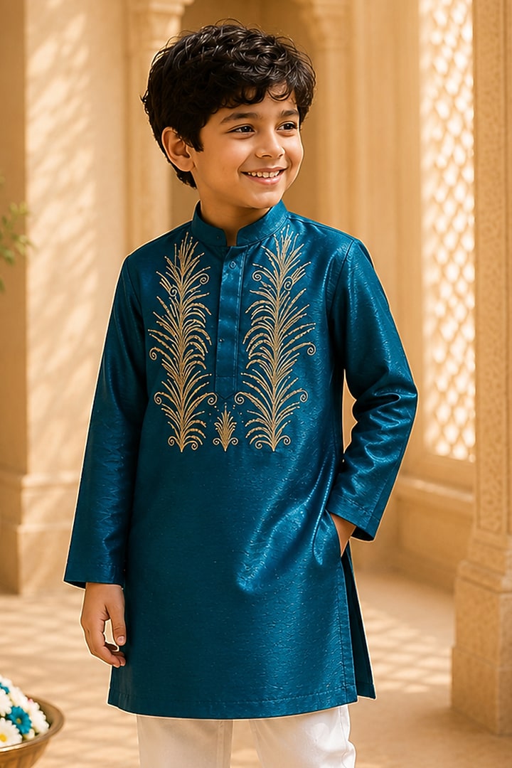 Teal Green Organic Cotton Zardosi Embroidered Kurta Set For Boys by Mi Dulce An'ya at Pernia's Pop Up Shop