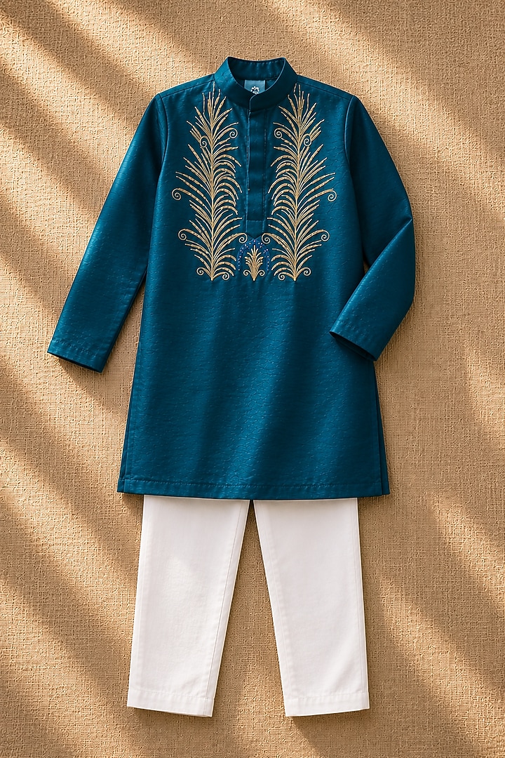 Teal Green Organic Cotton Zardosi Embroidered Kurta Set For Boys by Mi Dulce An'ya at Pernia's Pop Up Shop