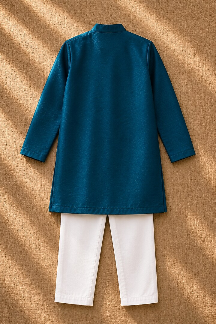 Teal Green Organic Cotton Zardosi Embroidered Kurta Set For Boys by Mi Dulce An'ya at Pernia's Pop Up Shop