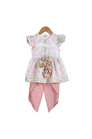 Mint & Blush Cotton Dhoti Set For Girls by Mi Dulce An'ya