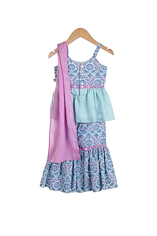 Blue & Lilac Embroidered Sharara Set For Girls by Mi Dulce An'ya