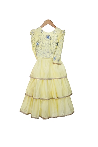 Lemon Yellow Cotton & Chanderi Lehenga Set For Girls by Mi Dulce An'ya