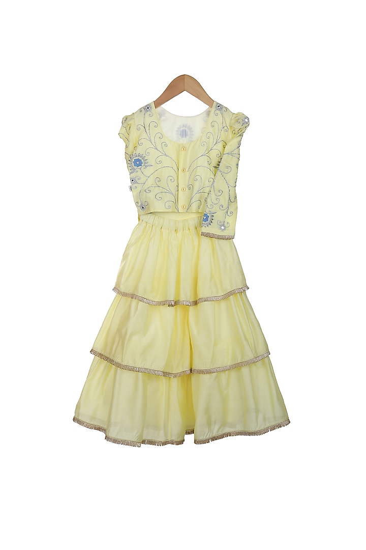 Lemon Yellow Cotton & Chanderi Lehenga Set For Girls by Mi Dulce An'ya at Pernia's Pop Up Shop