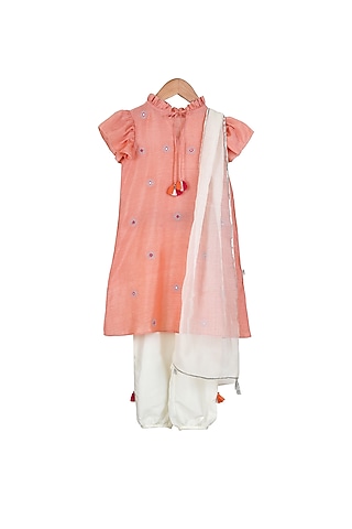 Blush Pink Embroidered Kurta Set For Girls by Mi Dulce An'ya