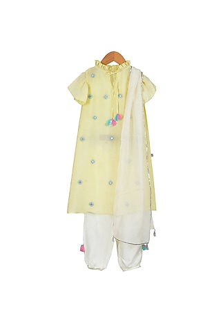 Lemon Yellow Embroidered Kurta Set For Girls by Mi Dulce An'ya