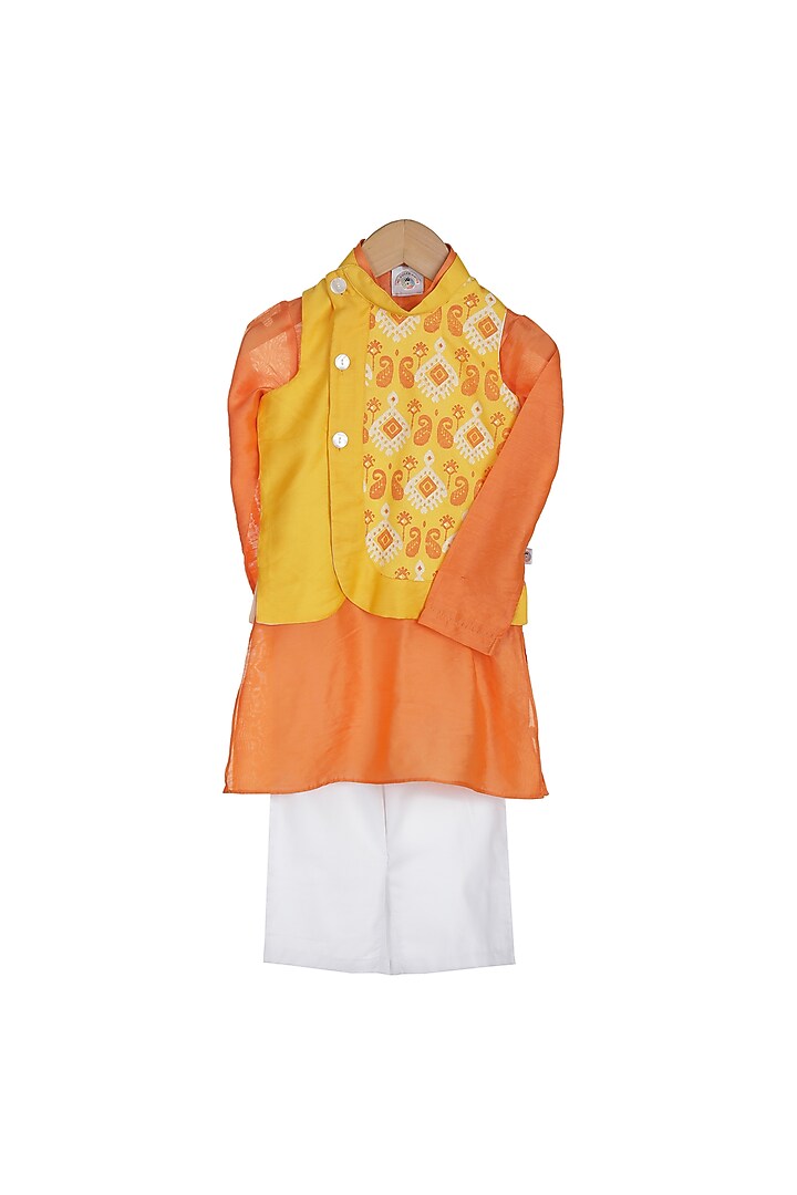 Saffron Printed Bandhgala Set For Boys by Mi Dulce An'ya at Pernia's Pop Up Shop