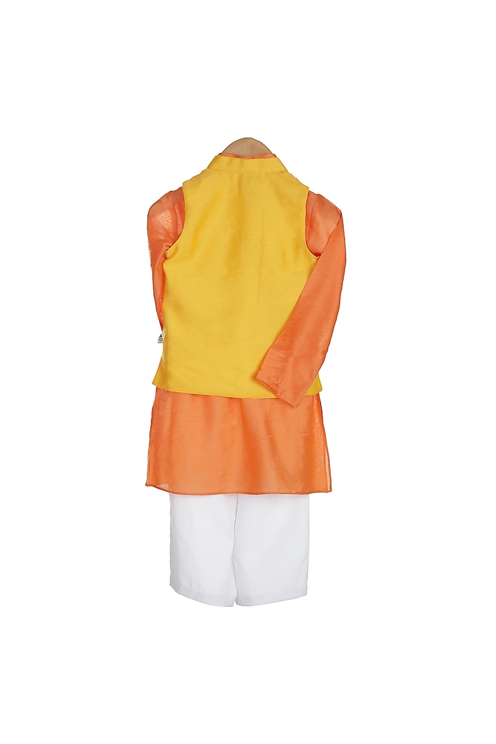 Saffron Printed Bandhgala Set For Boys by Mi Dulce An'ya at Pernia's Pop Up Shop