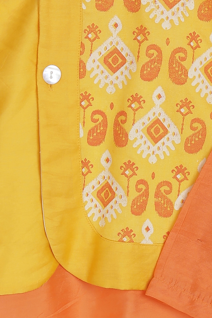 Saffron Printed Bandhgala Set For Boys by Mi Dulce An'ya at Pernia's Pop Up Shop