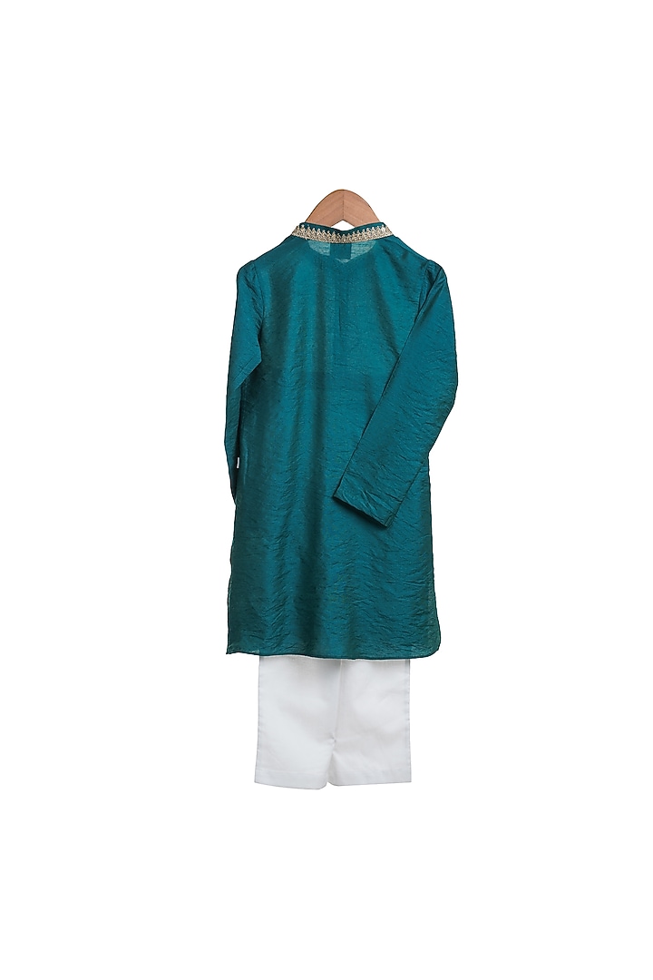 Teal Embroidered Kurta Set For Boys by Mi Dulce An'ya at Pernia's Pop Up Shop