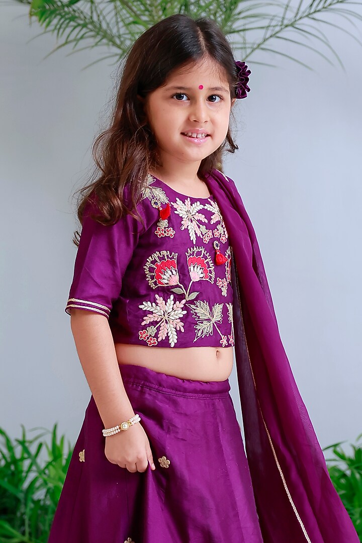 Purple Handwoven Chanderi Embroidered Lehenga Set For Girls by Mi Dulce An'ya at Pernia's Pop Up Shop