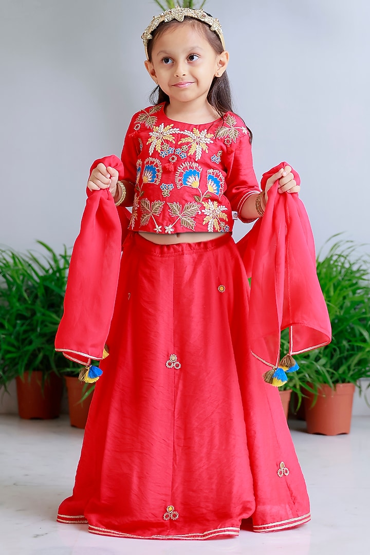 Red Handwoven Chanderi Embroidered Lehenga Set For Girls by Mi Dulce An'ya at Pernia's Pop Up Shop