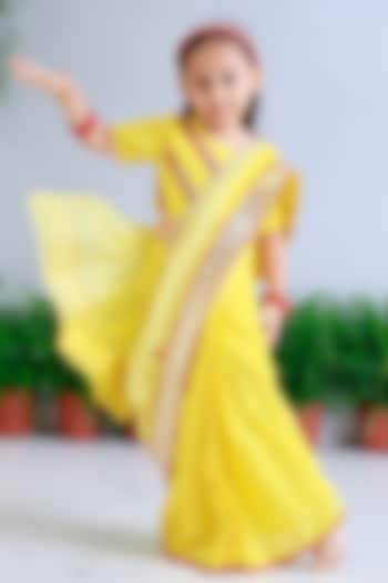 Yellow Handwoven Chanderi Embroidered Pre-Draped Saree Set For Girls by Mi Dulce An'ya at Pernia's Pop Up Shop