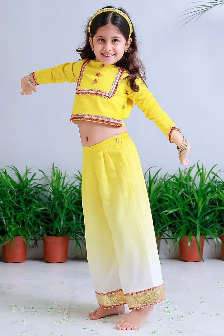 Yellow Handwoven Chanderi Ombre Palazzo Pants Set For Girls by Mi Dulce An'ya at Pernia's Pop Up Shop